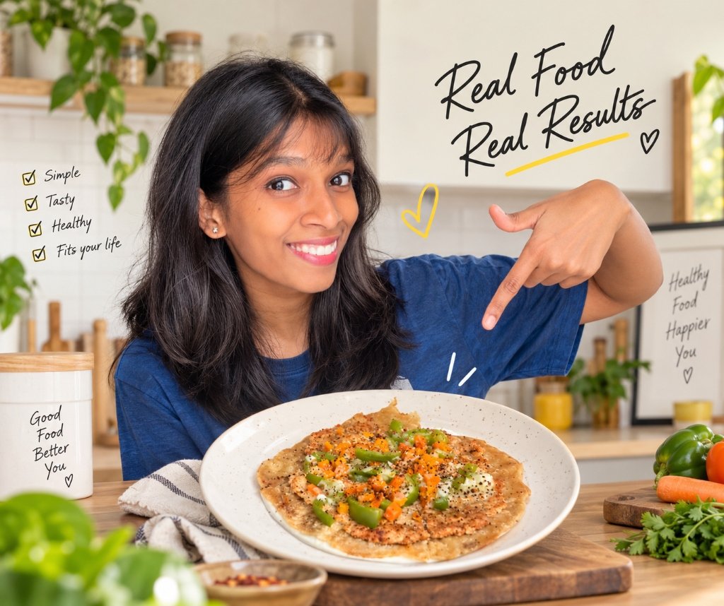 Sandy pointing at healthy food in her kitchen